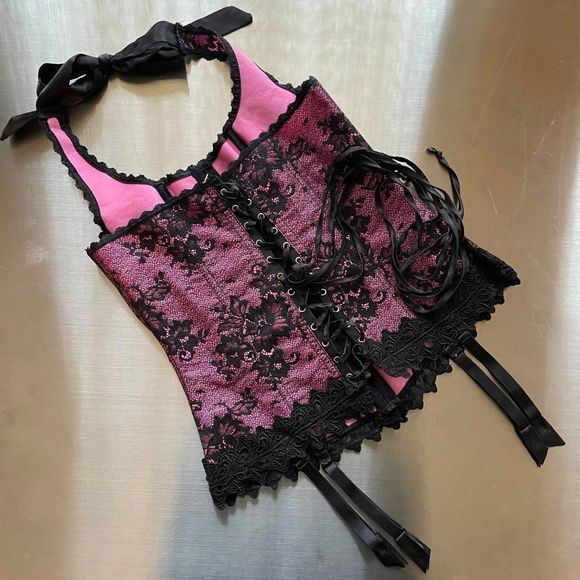 Frederick's of Hollywood Pink Satin Halter Neck Lace Up Corset with Black Lace - Picture 2 of 9